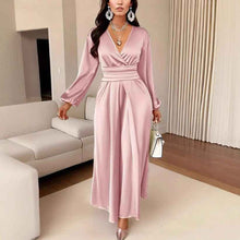 Satin V-neck Waist-cinched Maxi Dress With Puff Sleeves
