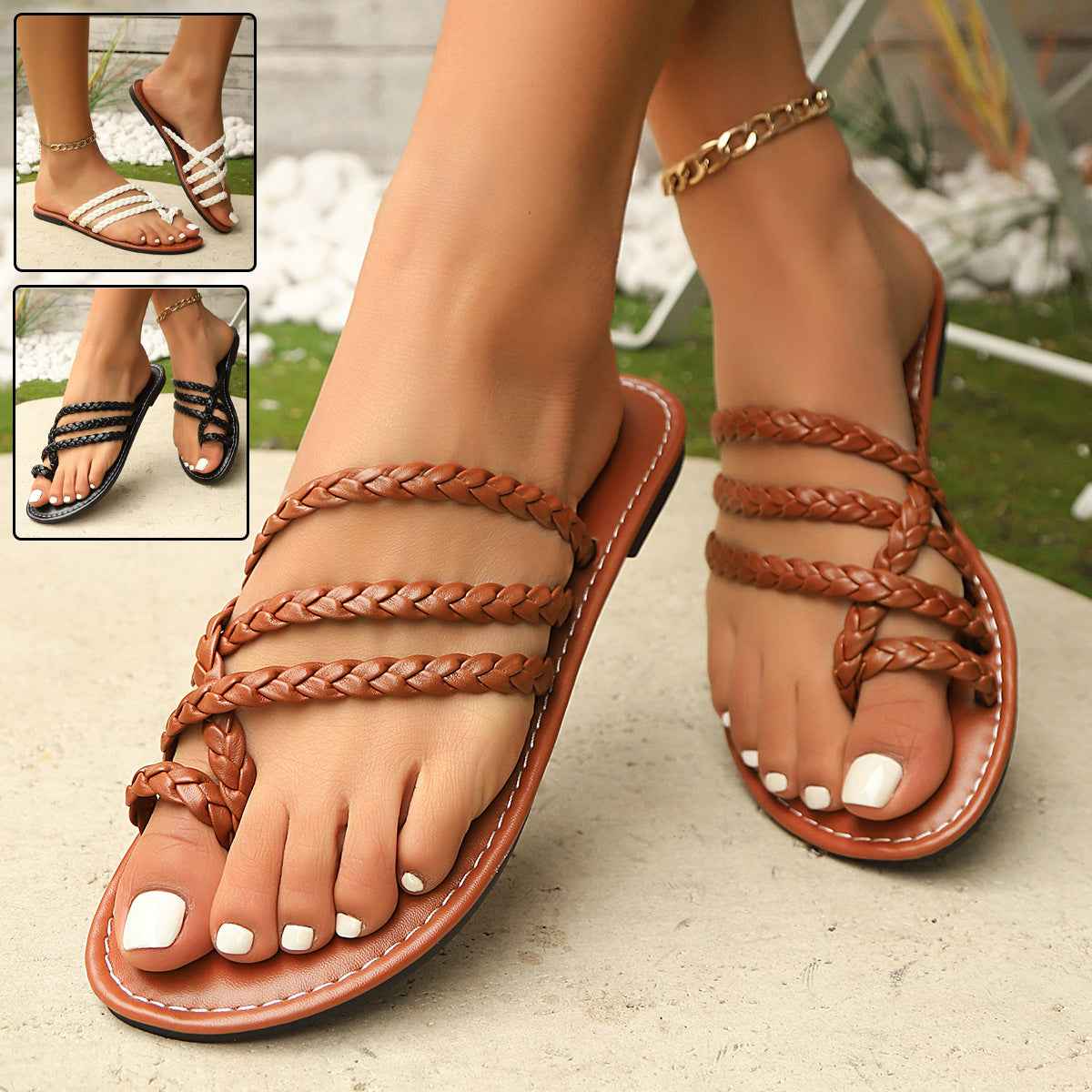 Summer Clip-toe Woven Sandals INS Fashion Beach Flat Slides Slippers Outdoor Roman Shoes For Women