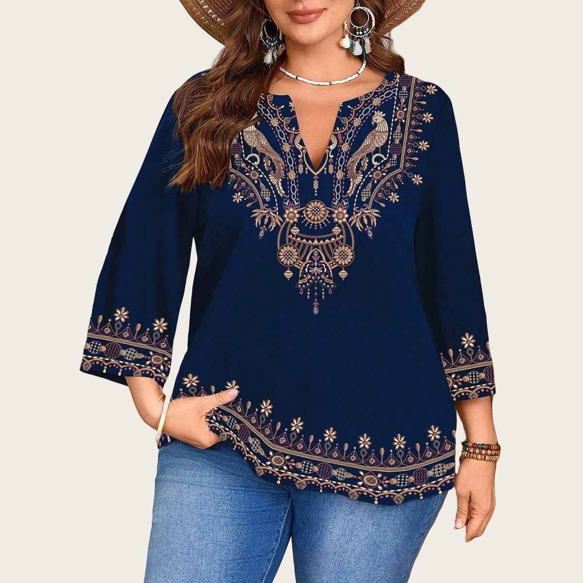 Fashionable Casual V-Neck Ethnic-Style Printed Three-Quarter-Sleeve Shirt Top