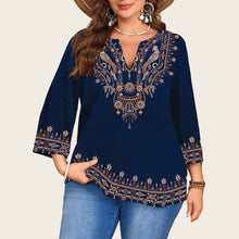 Fashionable Casual V-Neck Ethnic-Style Printed Three-Quarter-Sleeve Shirt Top