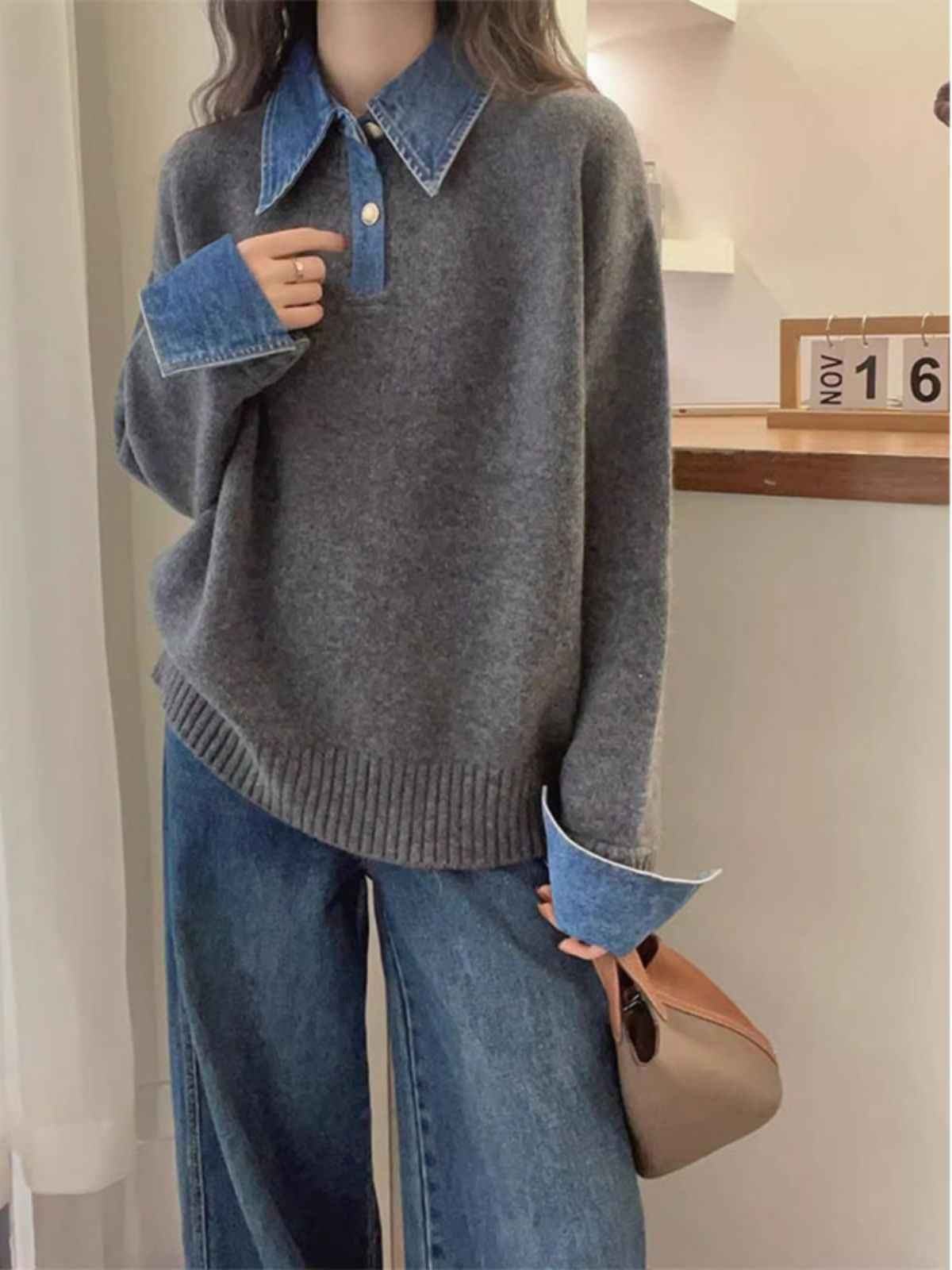 Women's Denim Sleeve Stitching Fake Two Pieces Sweaters Coat New Loose