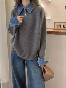 Women's Denim Sleeve Stitching Fake Two Pieces Sweaters Coat New Loose