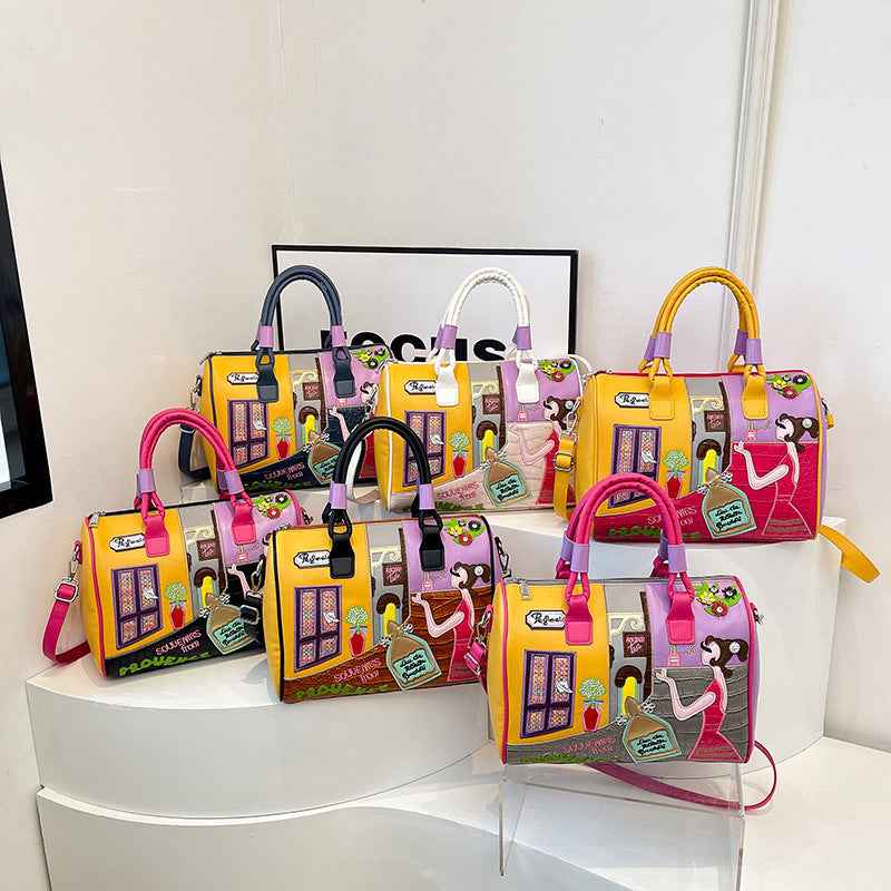 High-capacity Premium Boston Bag With Embroidered Patchwork Design