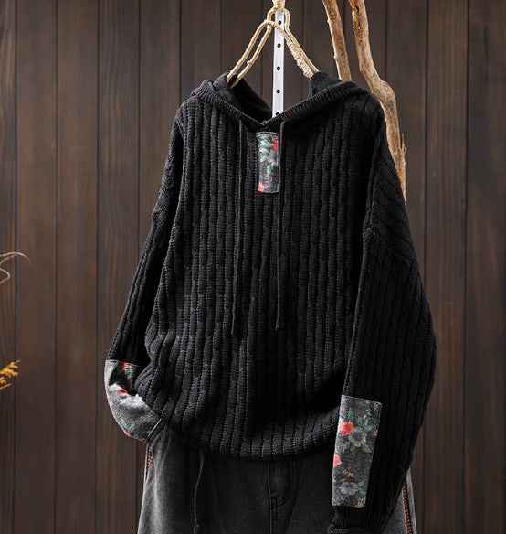 Womens Ethnic-Style Loose-Fit Oversized Sweater With Drawstring Hood