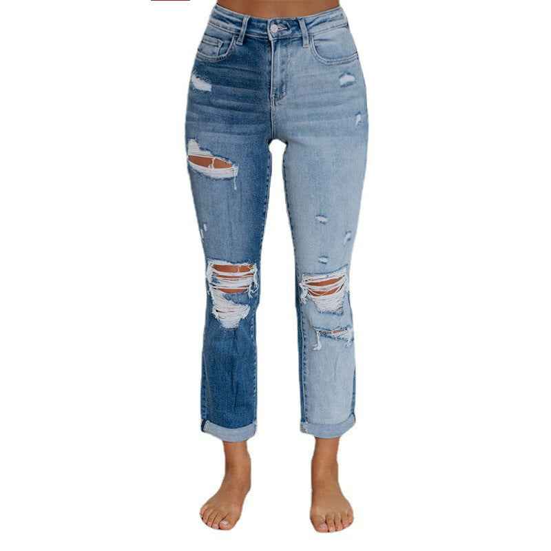 Womens Washed Gradient-Dye Ripped Jeans Fashion-Forward Style