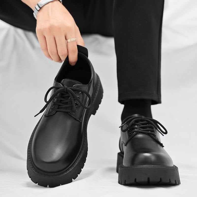 Men's High-top Side Zipper Leather Shoes Black Mid-Top Increased By Worker Boot