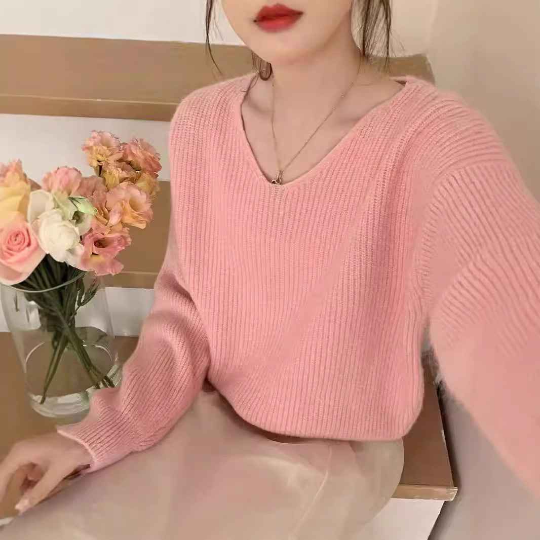 Womens Solid Color Long-Sleeve V-Neck Sweater
