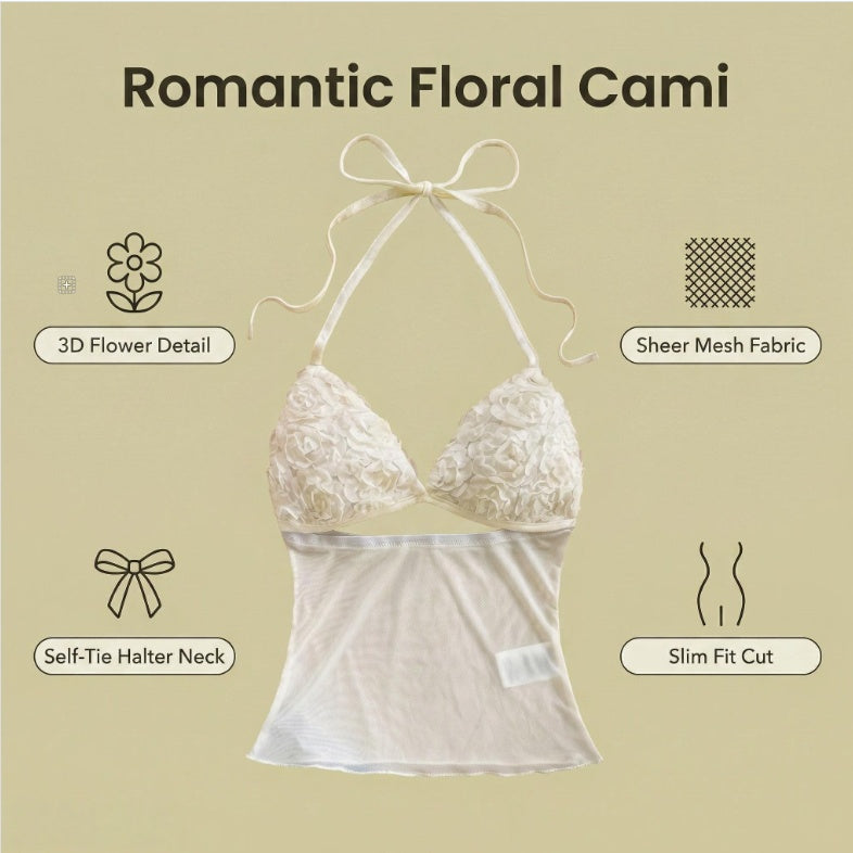 3D Floral Hollow Halter Neck Top Womens Summer Beach Wear