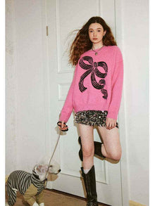 Bow-knot Plush Knitted Relaxed-fit Crewneck Sweater