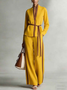 Women's Casual Patchwork Cardigan Shirt And Wide-Leg Pants Set