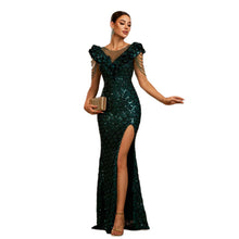 Round Neck Beads Banquet Sequined Slit Evening Dress Dress by Mirlaine Univers