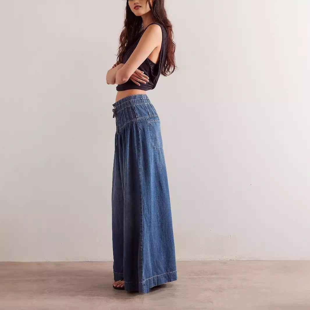 Womens Pleated Mid-Waist Lace-Up Loose Wide-Leg Denim Jeans