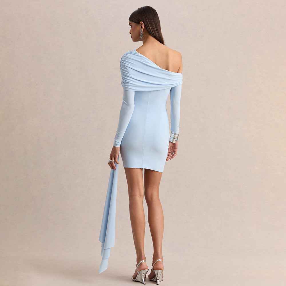 Slant-neck Off-shoulder Dress With Flowing Ribbons