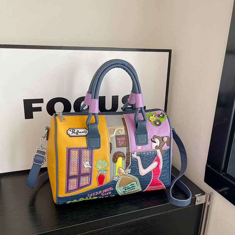 High-capacity Premium Boston Bag With Embroidered Patchwork Design