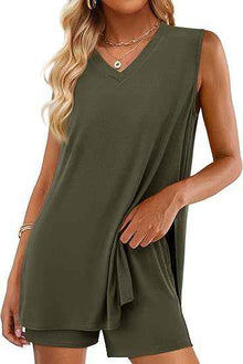 Casual Fashion V-neck Sleeveless Top And Shorts Set With Pockets