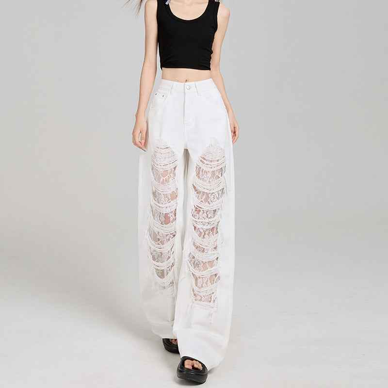 Women's Off-White Ripped Lace High-Waist Loose Denim Jeans