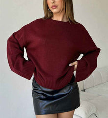 Winter Womens Loose Knitted Sweater With Round Neckline And Wide Cuffs