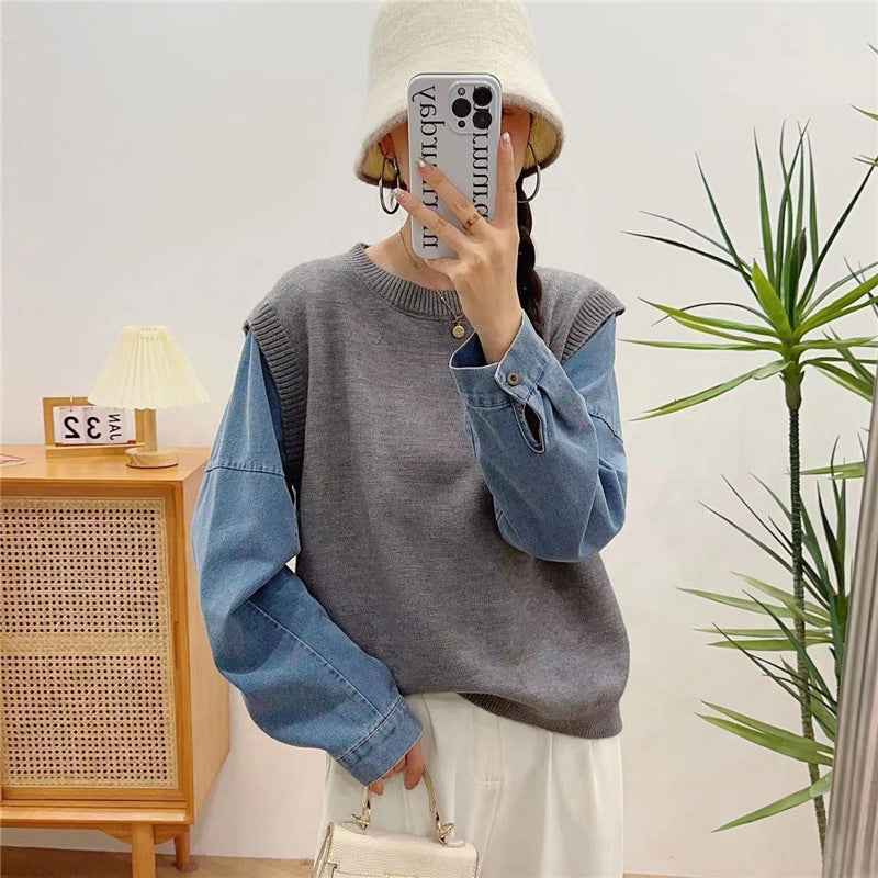 Denim Sleeve Stitching Fake Two Pieces Sweaters Women