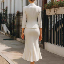 Three-quarter-sleeve Blazer And Long Skirt Set With Buttons And A Slit Mid-length Skirt