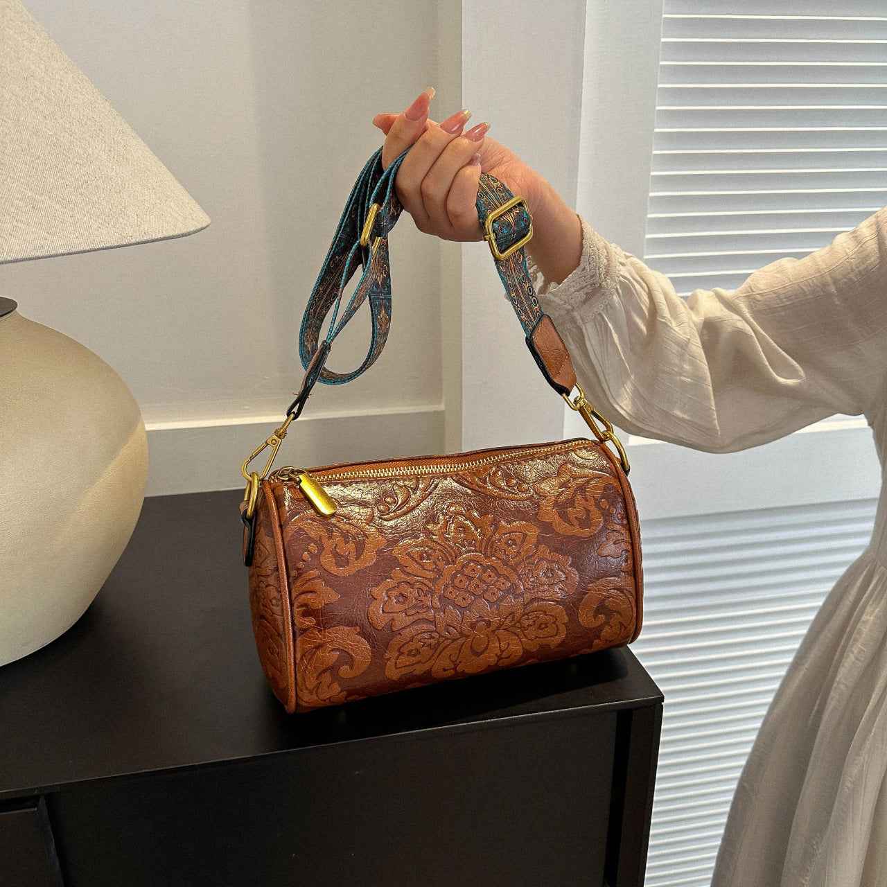Embossed Round Barrel Crossbody Womens Fashion Shoulder Bag