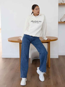 European And American-style Casual Solid-color Straight-leg High-waist Womens Washed Denim Jeans