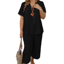 Solid-color V-neck Short-sleeve Top And Wide-leg Pants