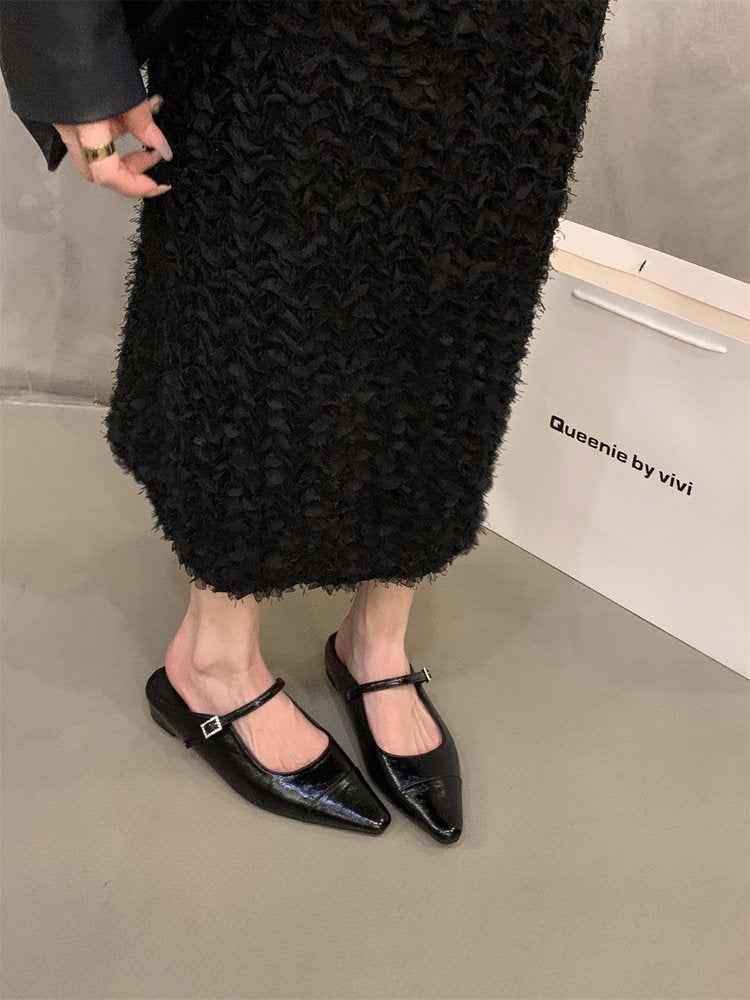 French Retro Slip-On Flats For Women 2026 Spring New Arrival, Pointed Toe Fashion Shoes, Closed Toe Backless Low Heel Sandals