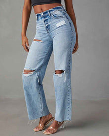 Ripped, Raw-Hem Denim Jeans Casual Washed Womens Straight-Leg Pants