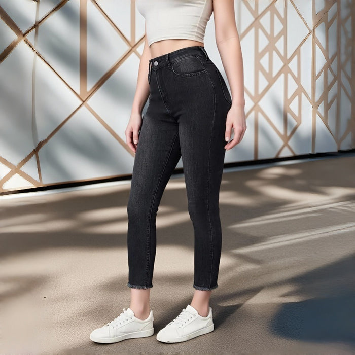 Women's High Waist Black Skinny Jeans, Stretch Slim Fit Frayed Hem Ankle Denim Pants