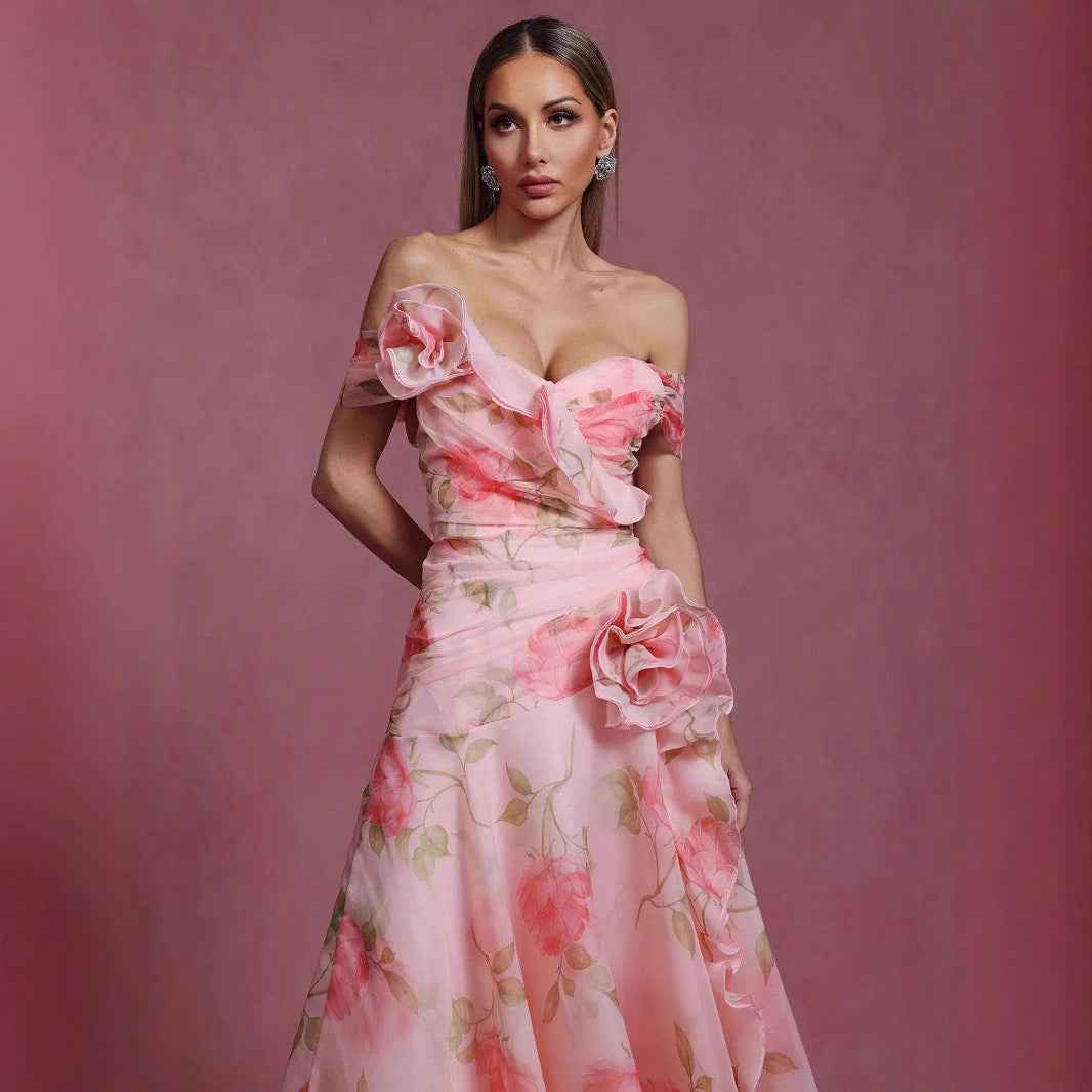 Retro Floral Waist-Cinching Casual Printed Off-Shoulder Dress
