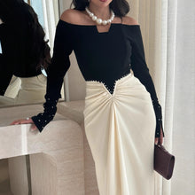 Elegant Sheath Dress With Color-blocking And Pearl Embellishments by Mirlaine Univers