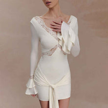 Womens Lace-trimmed Flare-sleeve Bodycon Backless Dress