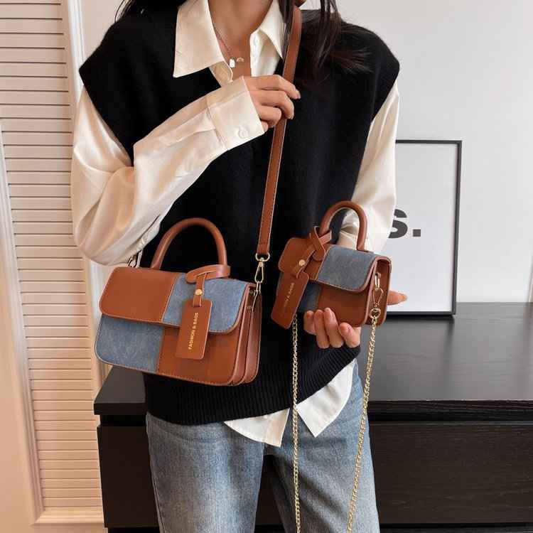 Crossbody Shoulder Bag With Contrasting Color Patchwork Compact Square Handbag