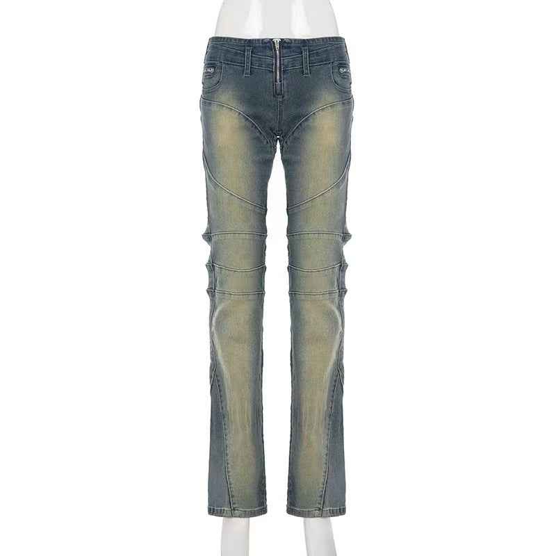 Heavy-duty High-street-style Patchwork Split-design Long Denim Jeans