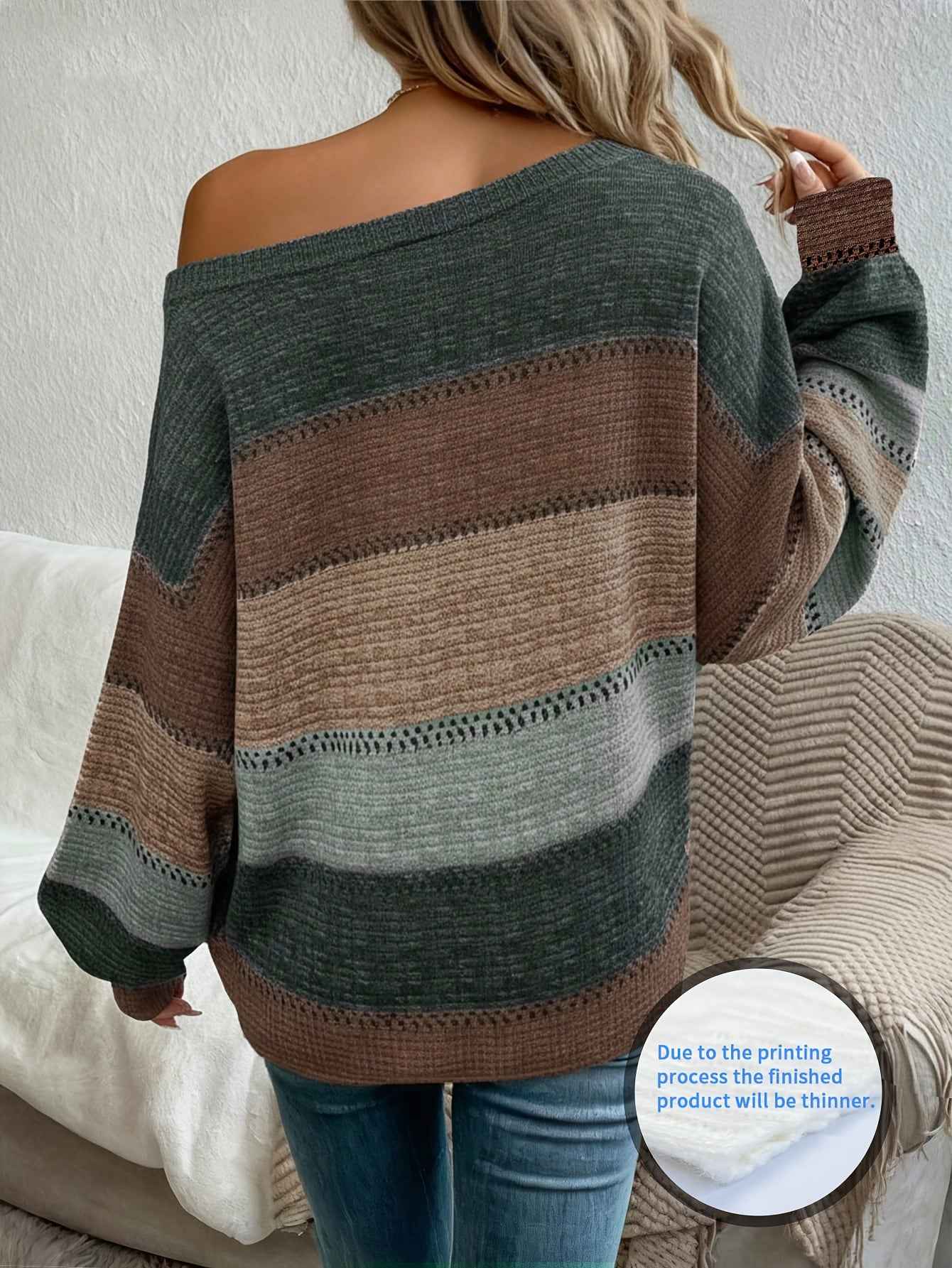 Womens Striped Off-Shoulder Boat-Neck Sweater