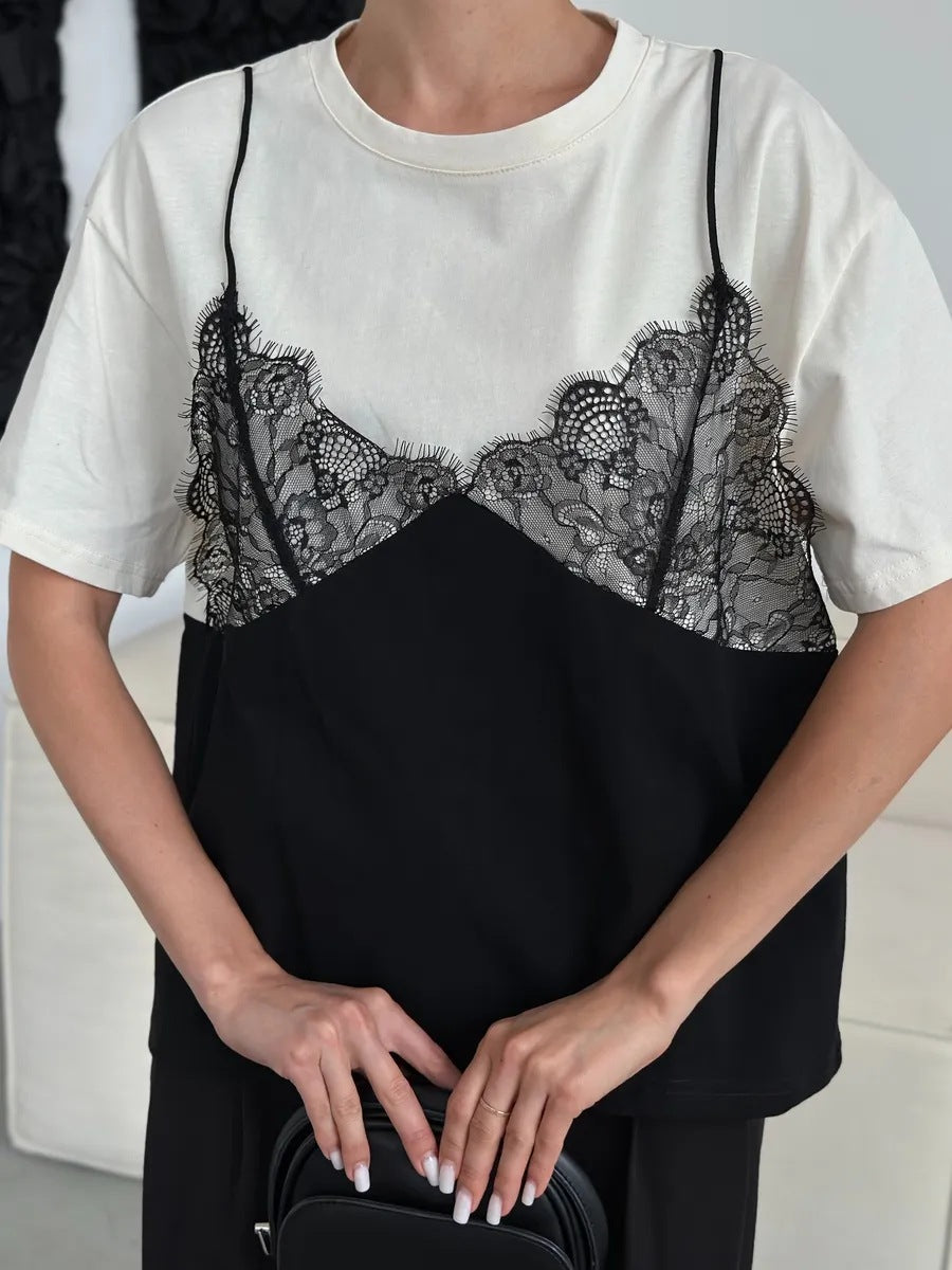 Women's Lace-Patchwork Loose Basic Crew-Neck Short-Sleeve T-Shirt by Mirlaine Univers Women's Lace-Patchwork Loose Basic Crew-Neck Short-Sleeve T-Shirt Mirlaine Univers womens-lace-patchwork-loose-basic-crew-neck-short-sleeve-t-shirt 0 Women's Lace-Patchwork Loose Basic Crew-Neck Short-Sleeve T-Shirt Mirlaine Univers Women's Lace-Patchwork Loose Basic Crew-Neck Short-Sleeve T-Shirt