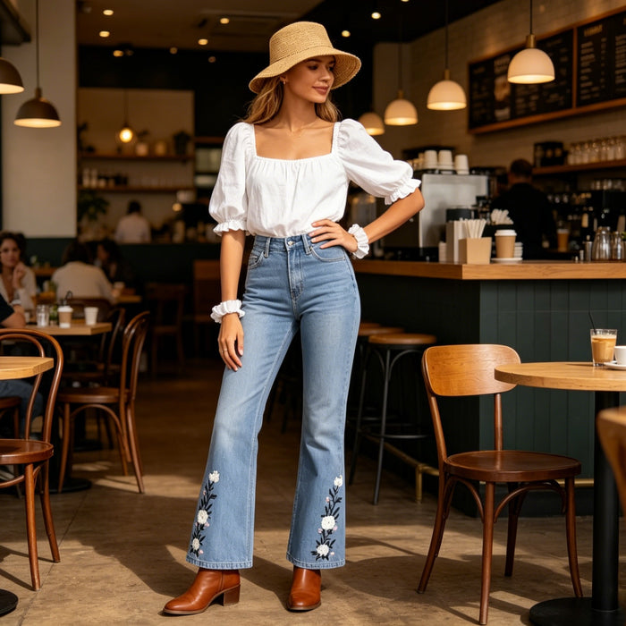 Women's High Waisted Floral Embroidered Flare Jeans, Vintage Light Wash Bootcut Denim Pants