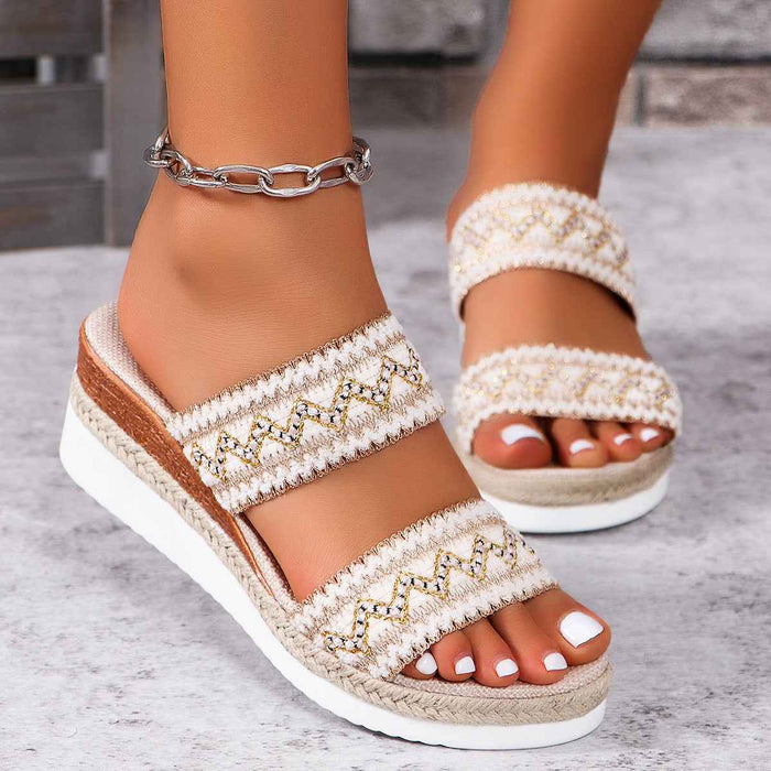 Sandales tissées à motif ondulé, style ethnique décontracté d'été, pantoufles à semelle en lin, chaussures compensées à brides larges pour femmes
