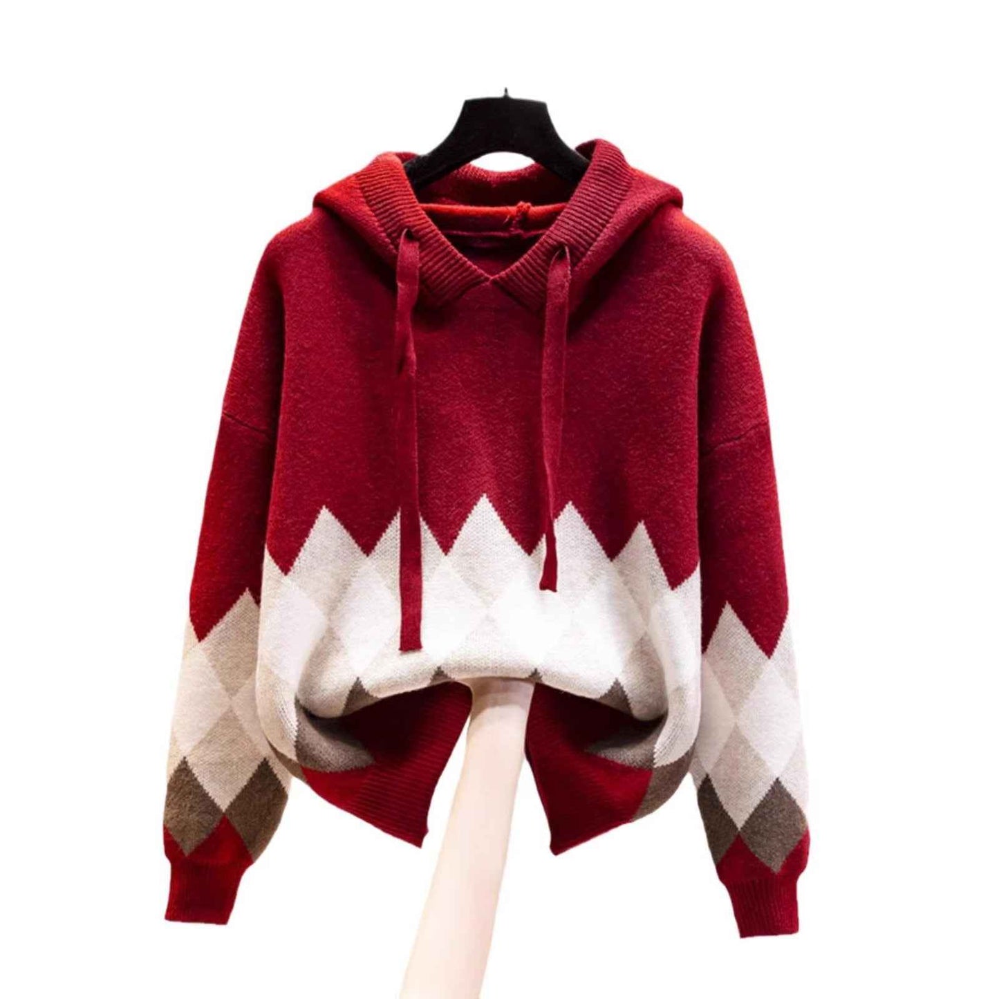 European And American-style Hooded Sweater Loose-fit Diamond-patterned Base Knit Top
