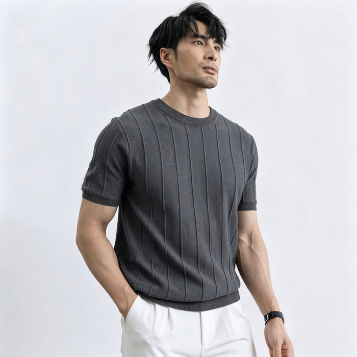 Knitted Short-Sleeve T-Shirt For Men, Striped Slim Fit, Old Money Style, Business Suit Inner Layer, Ice Silk, Summer, Cross-Border Factory Wholesale
