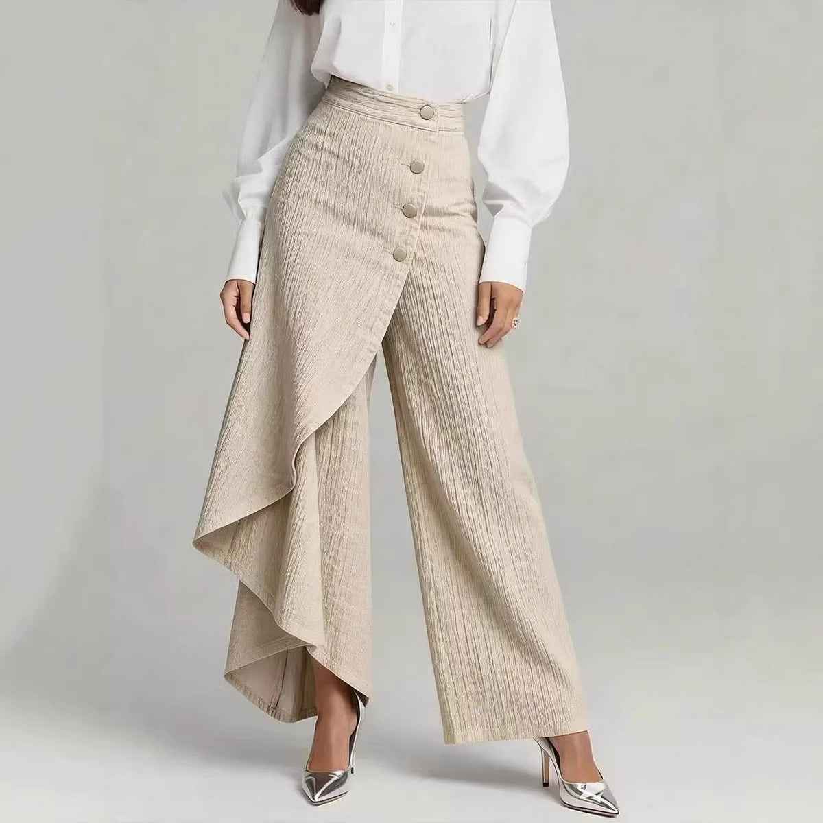 Unique Straight-leg Pants Fashion Large Ruffled Buttons Trousers Women's Faux Jeans Clothing
