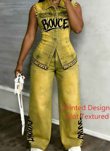 Workwear Style Sleeveless Printed Two-piece Set