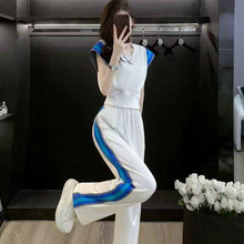 Women's Summer High-End Contrasting Color Short-Sleeve Top And High-Waist Wide-Leg Pants Two-Piece Set