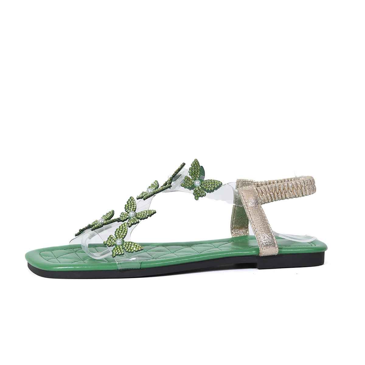 New Butterfly Rhinestone Sandals Summer Square Toe Flat Shoes For Women