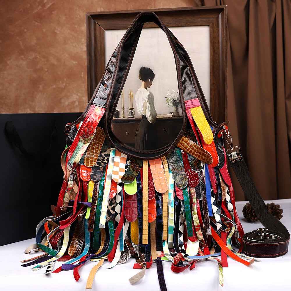Tasseled Cowhide Tote Bag With Large Capacity And Crossbody Strap