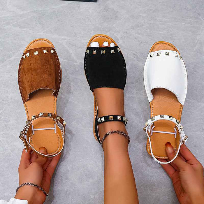 Sandales à rivets pour femmes, chaussures d'été à bout ouvert, chaussures de plage plates