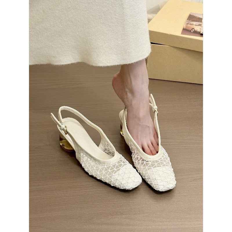 Square Toe Woven Toe Cap Slingback Sandals Women
