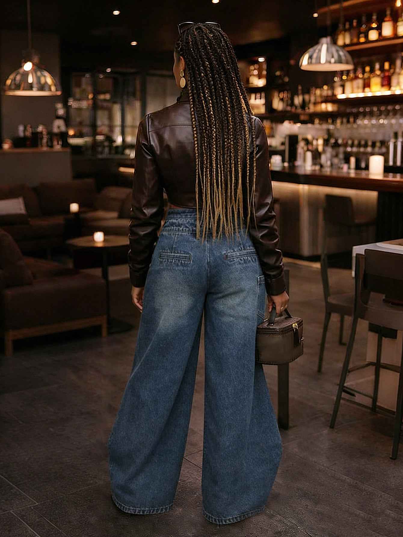 Retro High-waisted Cross-over Metal Buckle Irregular Wide-leg Pants