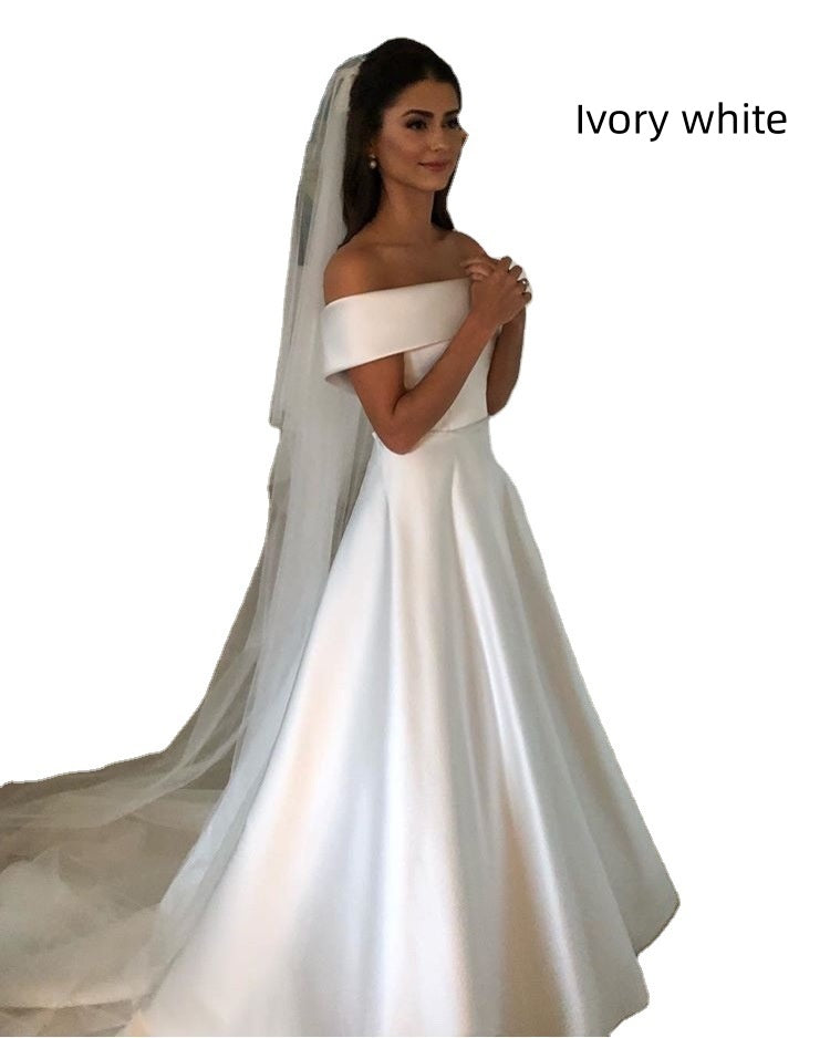Simple A Line Wedding Dresses Satin Off The Shoulder Wedding Bridal Gowns Sweep Train Casual Dresses Zipper With Buttons Back by Mirlaine Univers