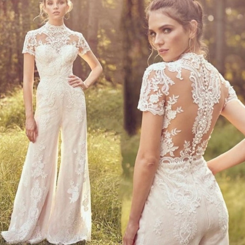Bride Pants Suit Wedding Bridal Gowns Short Sleeve Jumpsuit by Mirlaine Univers